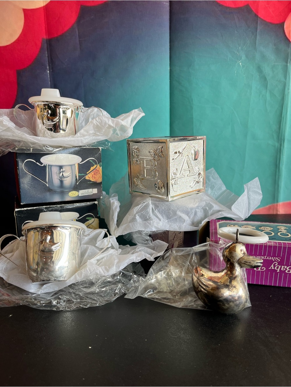 Silver-Plated Baby Gift Set – Duck & Keepsake Block, Sippy Cups